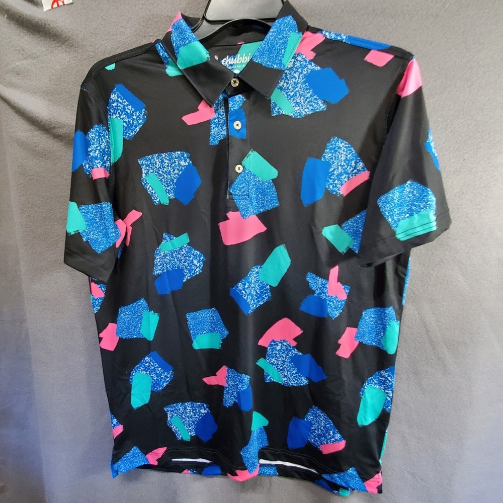 Chubbies Mens Performance Polo Shirt Medium Black 90s Abstract Geometric Print